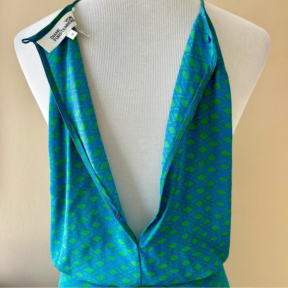 Diane Von Furstenberg DVF Silk Davin Jumpsuit Wide Leg Sleeveless Green Blue 14 - Picture 11 of 16